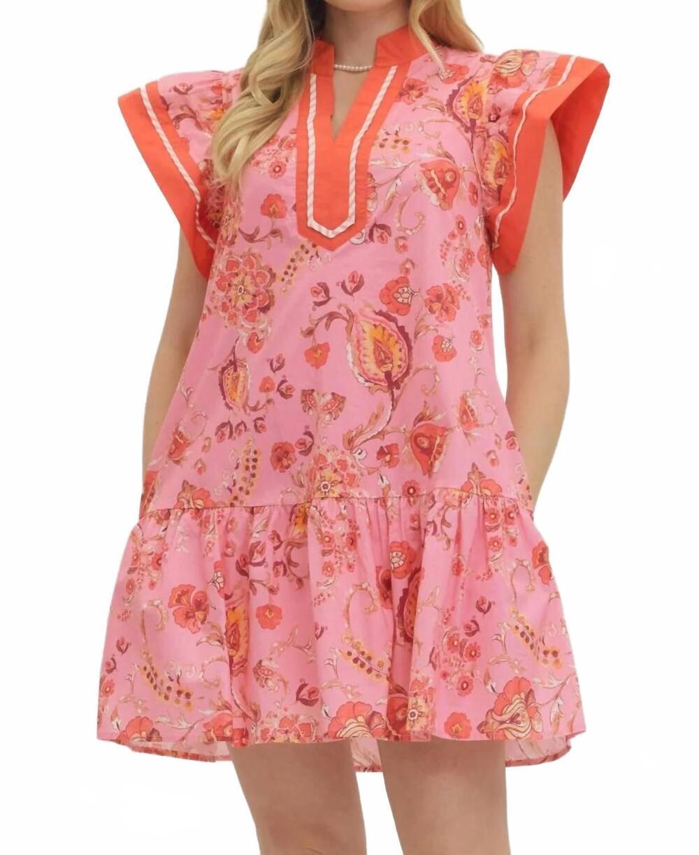 NEW ENTRO contrasted botanical flutter mini dress in pink/ orange